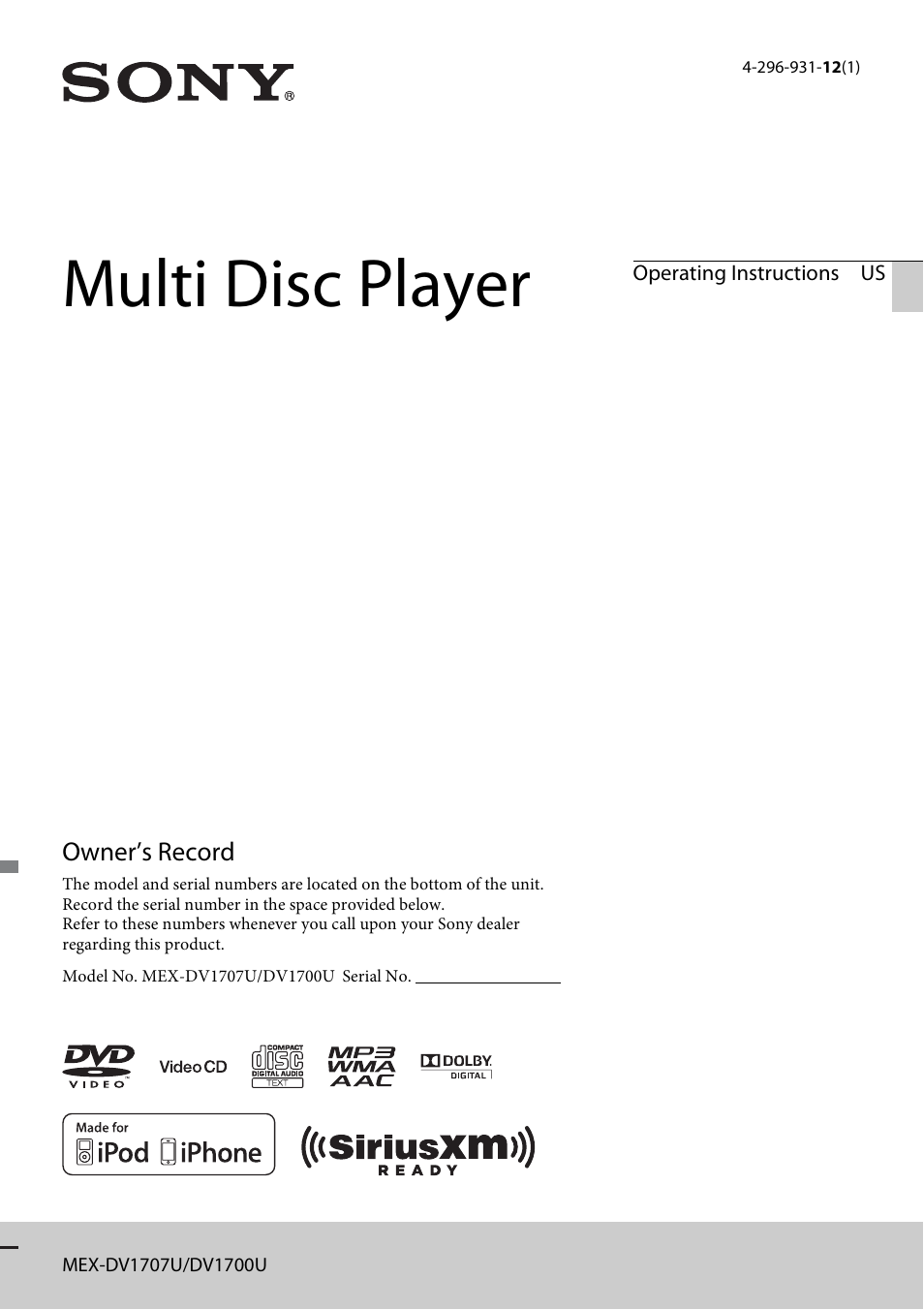 Sony MEX-DV1700U User Manual | 64 pages