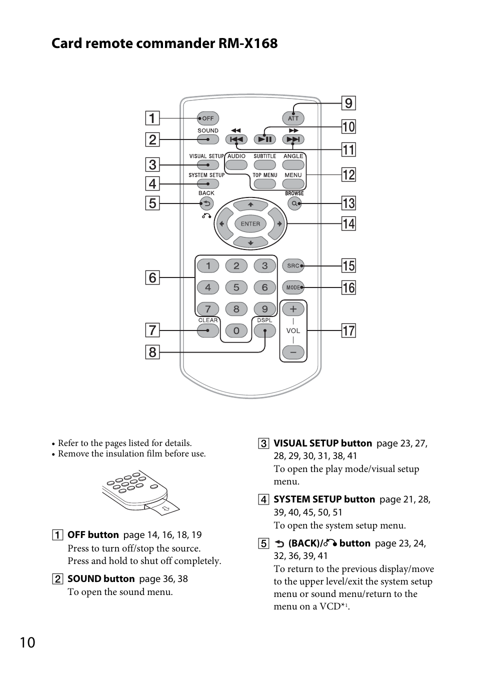 Card remote commander rm-x168 | Sony MEX-DV1700U User Manual | Page 10 / 64