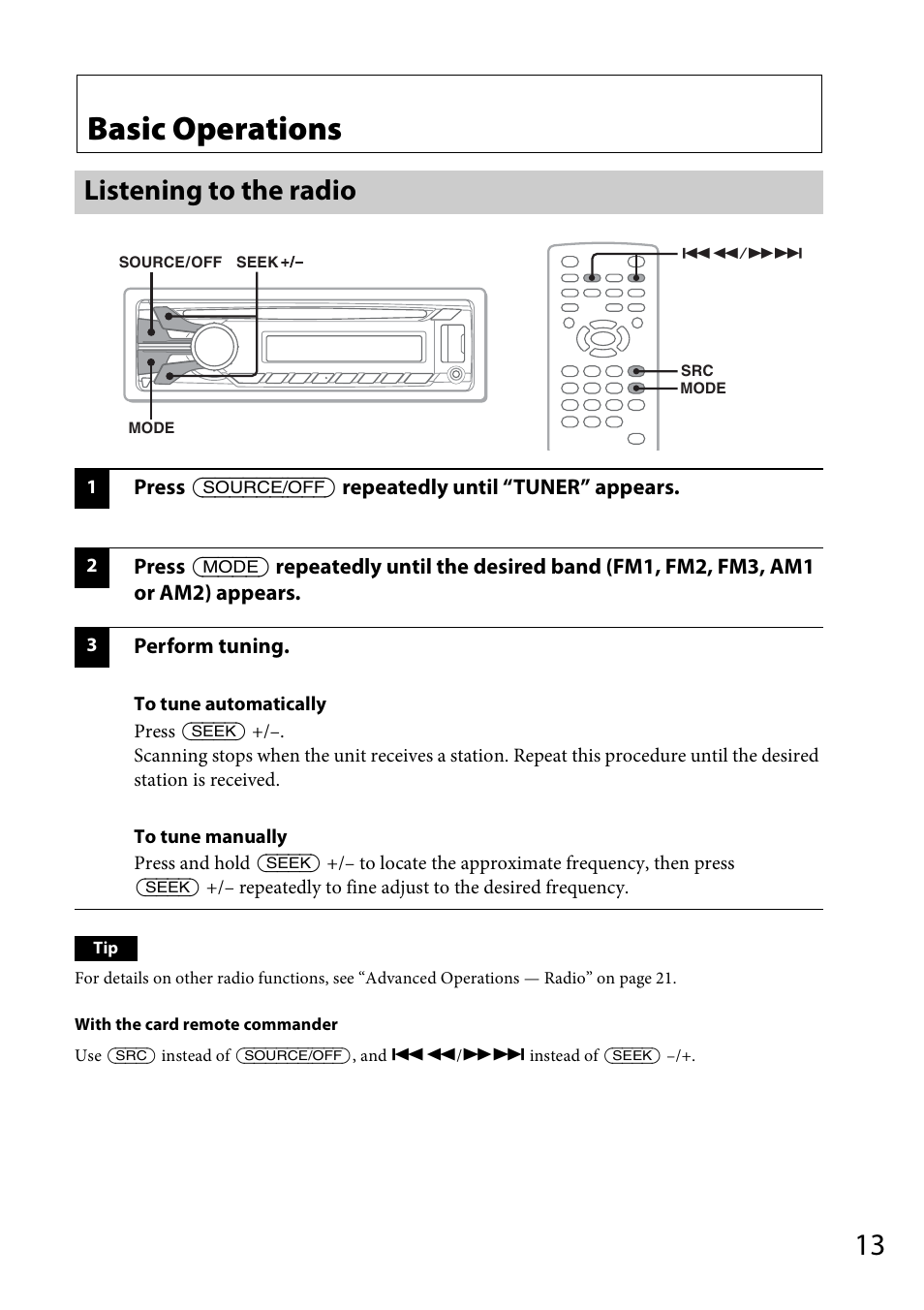 Basic operations, Listening to the radio | Sony MEX-DV1700U User Manual | Page 13 / 64