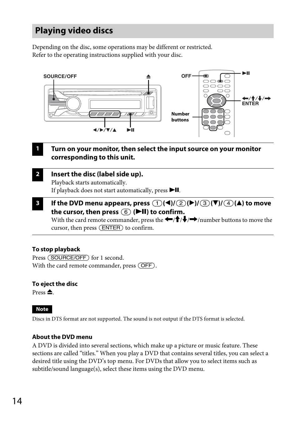 Playing video discs | Sony MEX-DV1700U User Manual | Page 14 / 64