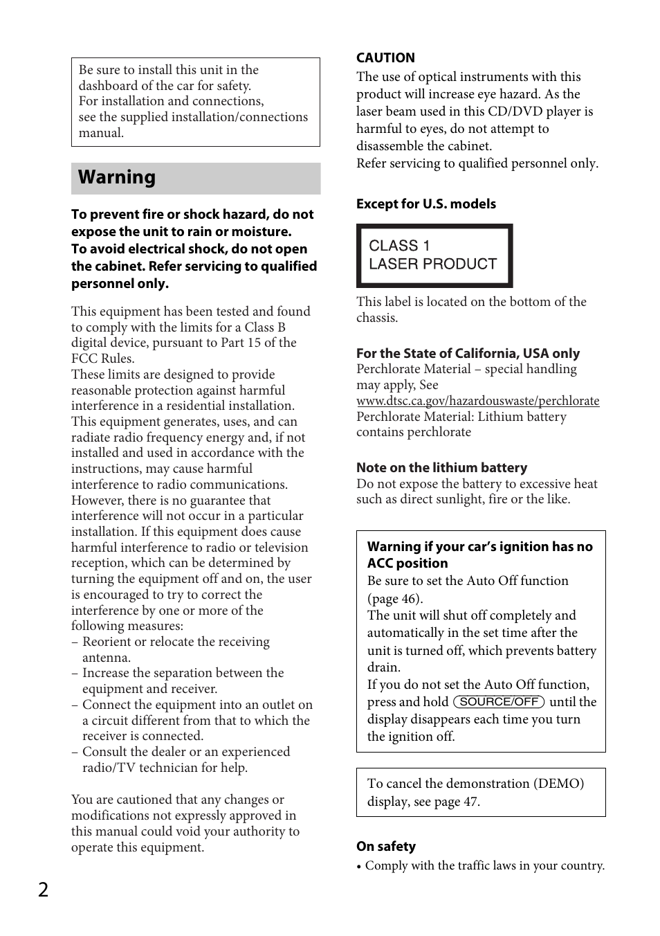Warning | Sony MEX-DV1700U User Manual | Page 2 / 64