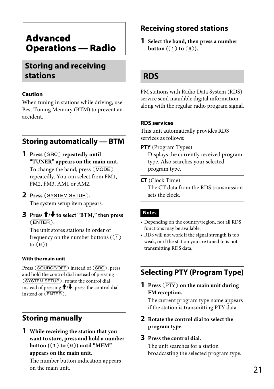 Advanced operations — radio, Storing and receiving stations, Storing and receiving stations rds | Storing automatically — btm 1, Storing manually 1, Receiving stored stations 1, Selecting pty (program type) 1 | Sony MEX-DV1700U User Manual | Page 21 / 64