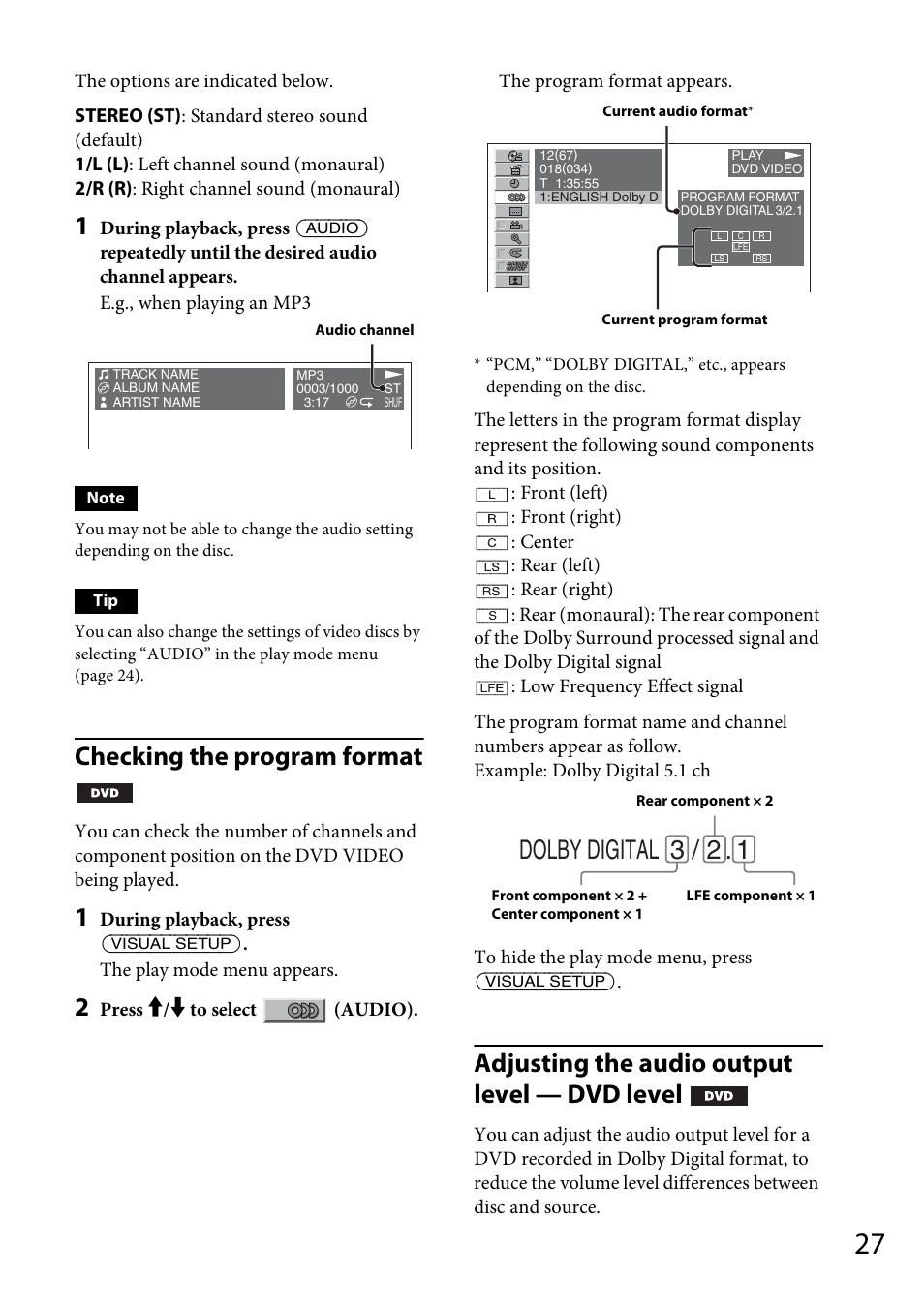 Checking the program format, Adjusting the audio output level — dvd level, Dolby digital 3 / 2 | Sony MEX-DV1700U User Manual | Page 27 / 64
