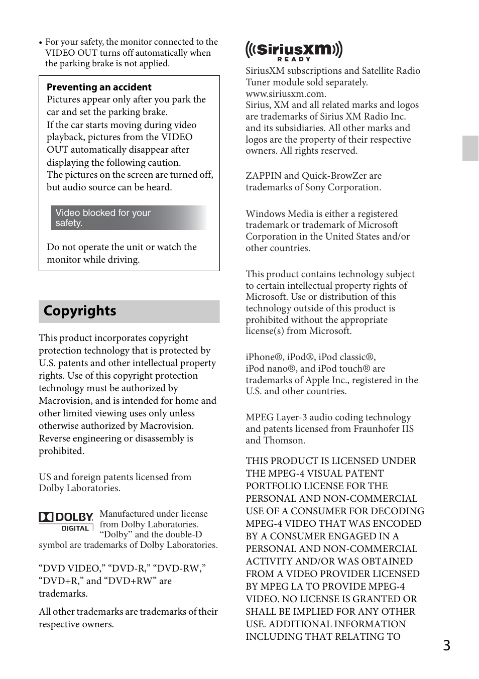 Copyrights | Sony MEX-DV1700U User Manual | Page 3 / 64