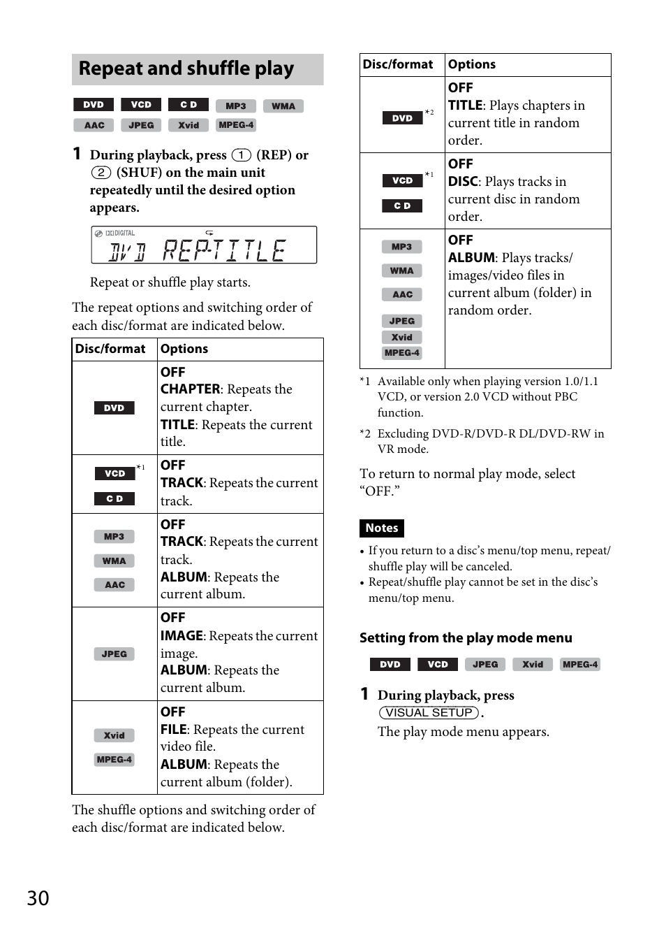 Repeat and shuffle play | Sony MEX-DV1700U User Manual | Page 30 / 64