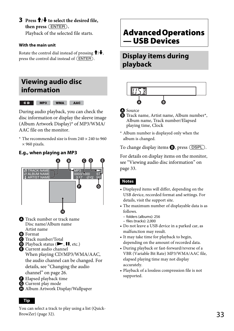 Viewing audio disc information, Advanced operations — usb devices, Display items during playback | Sony MEX-DV1700U User Manual | Page 33 / 64