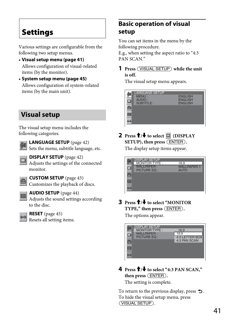 Settings, Visual setup, Basic operation of visual setup | Sony MEX-DV1700U User Manual | Page 41 / 64