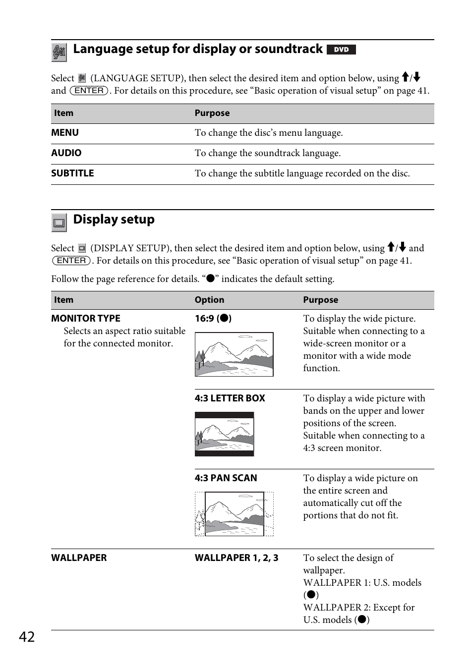 E language, et, Ettings of the c, Language setup for display or soundtrack | Display setup | Sony MEX-DV1700U User Manual | Page 42 / 64