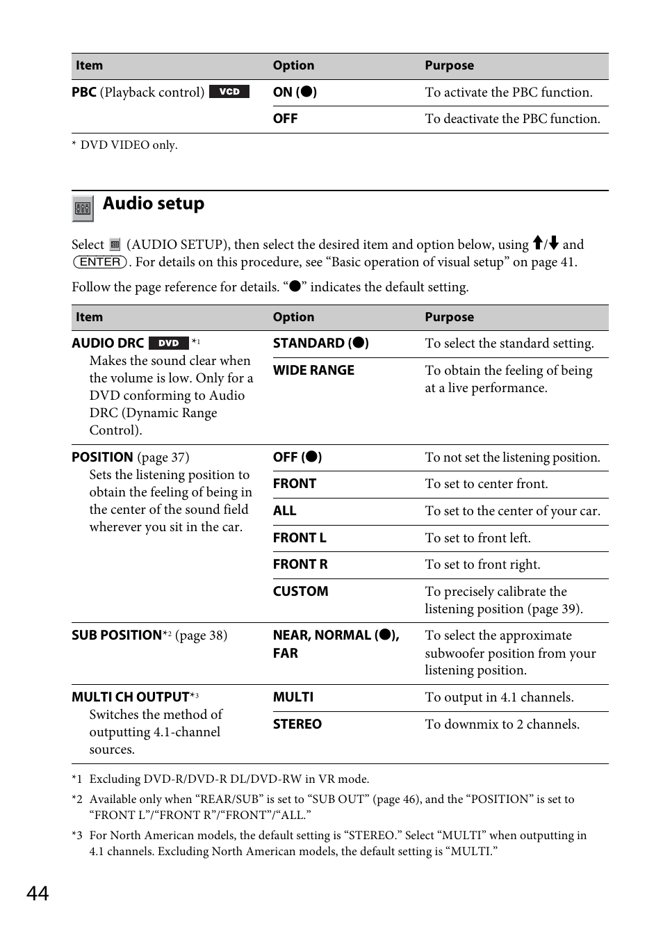 D settings, Audio setup | Sony MEX-DV1700U User Manual | Page 44 / 64