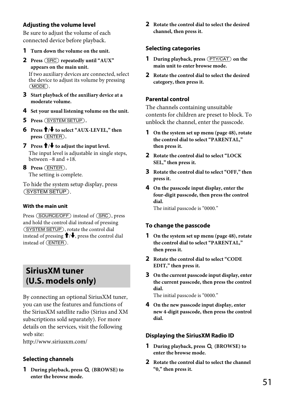 Siriusxm tuner (u.s. models only) | Sony MEX-DV1700U User Manual | Page 51 / 64