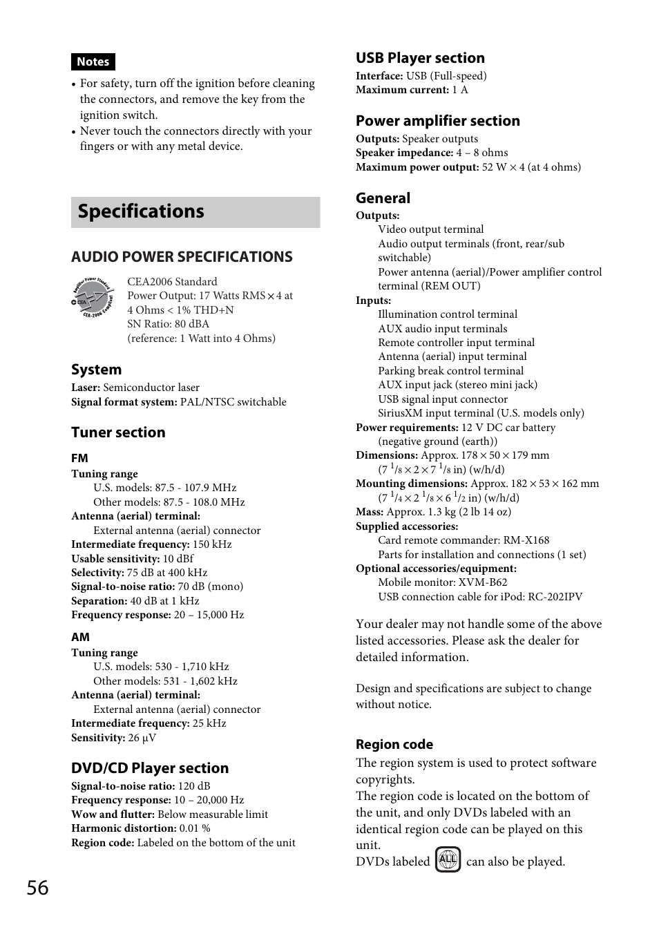 Specifications, System, General | Audio power specifications, Region code | Sony MEX-DV1700U User Manual | Page 56 / 64
