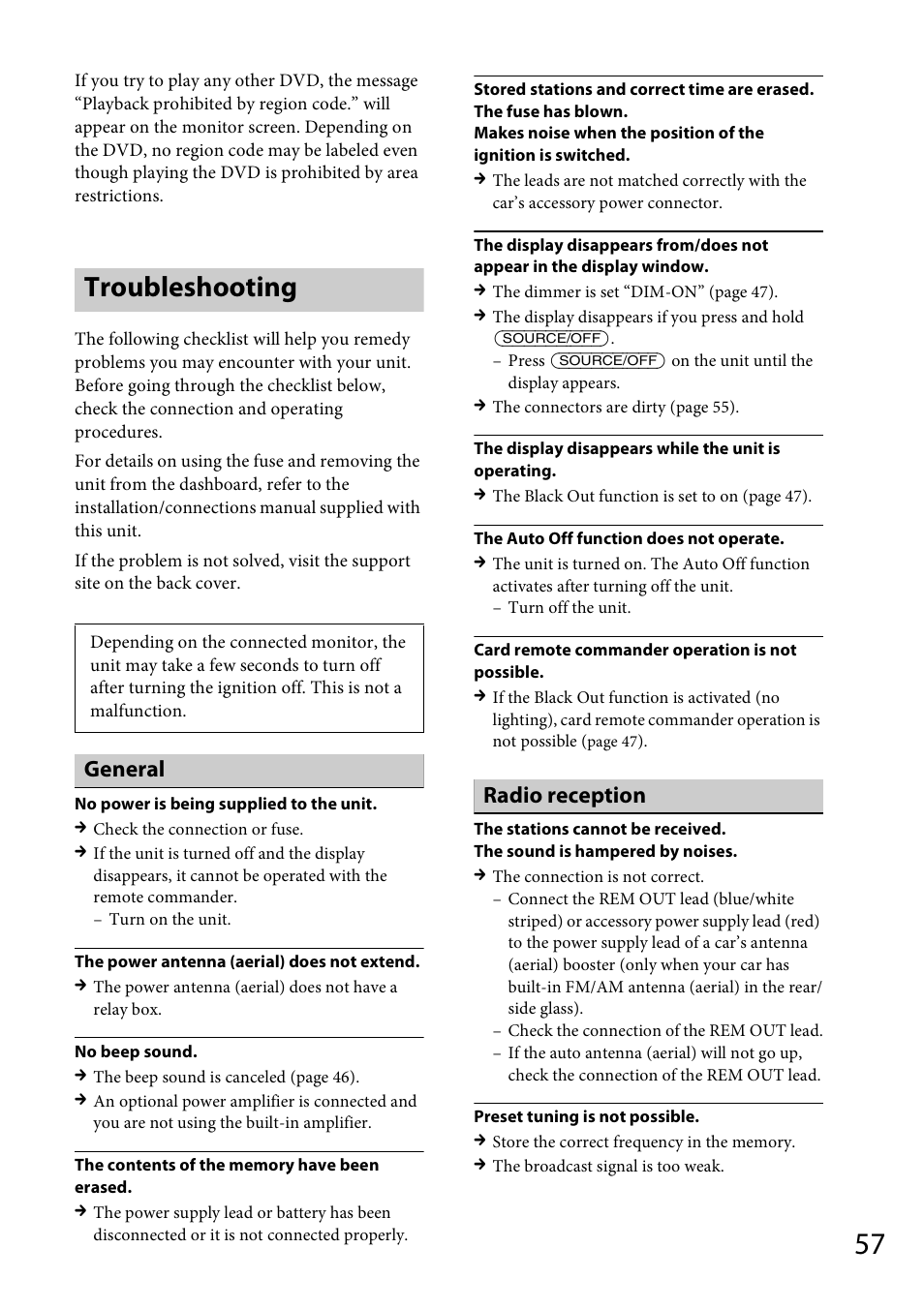 Troubleshooting, General, Radio reception | Sony MEX-DV1700U User Manual | Page 57 / 64