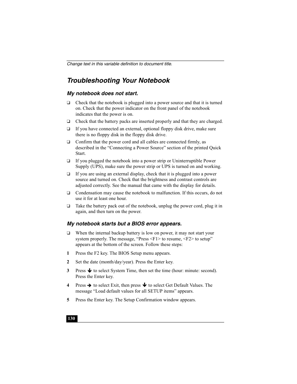 Troubleshooting your notebook, My notebook does not start, My notebook starts but a bios error appears | Sony PCG-GRX560K User Manual | Page 130 / 162