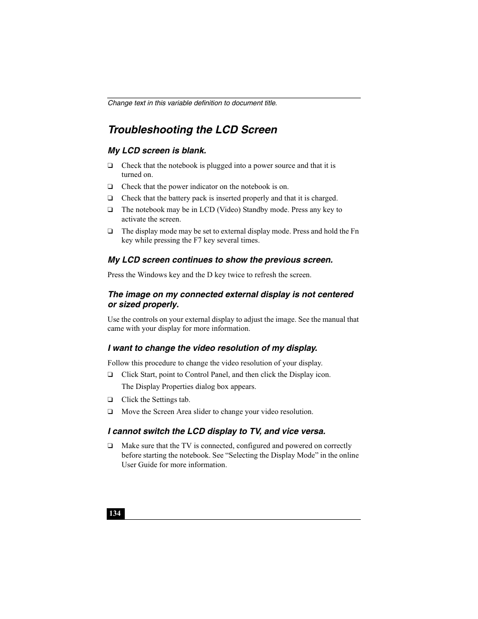 Troubleshooting the lcd screen, My lcd screen is blank | Sony PCG-GRX560K User Manual | Page 134 / 162