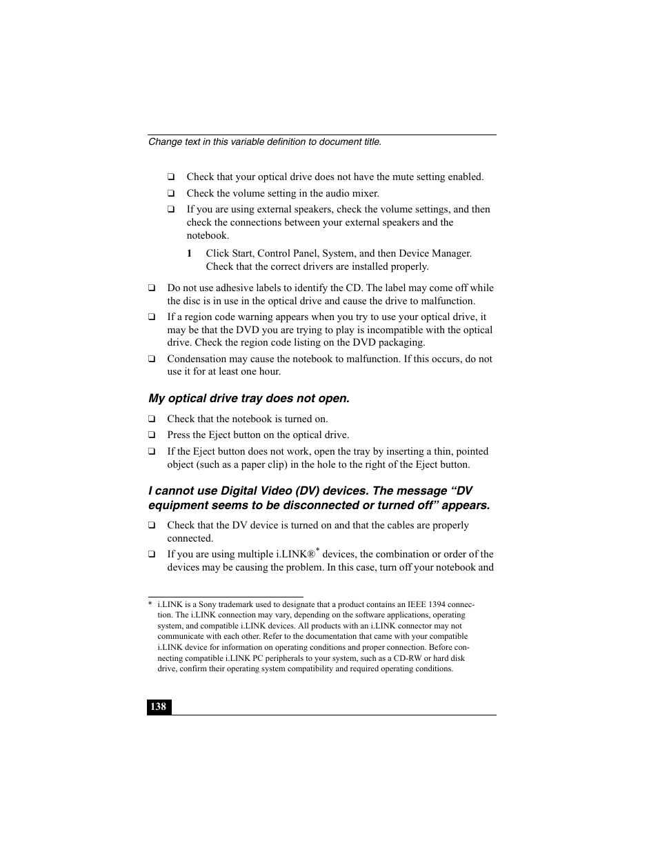 My optical drive tray does not open | Sony PCG-GRX560K User Manual | Page 138 / 162