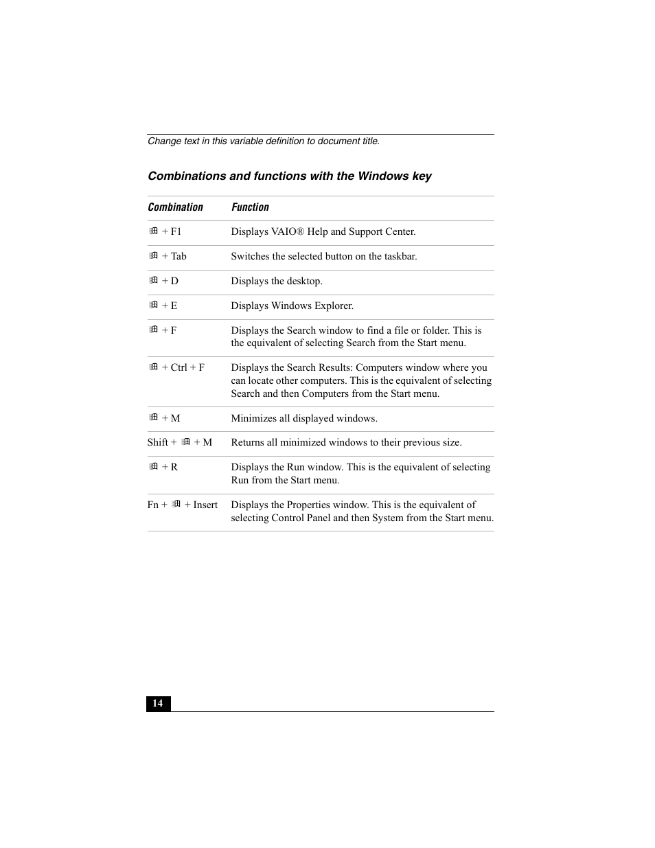 Combinations and functions with the windows key | Sony PCG-GRX560K User Manual | Page 14 / 162