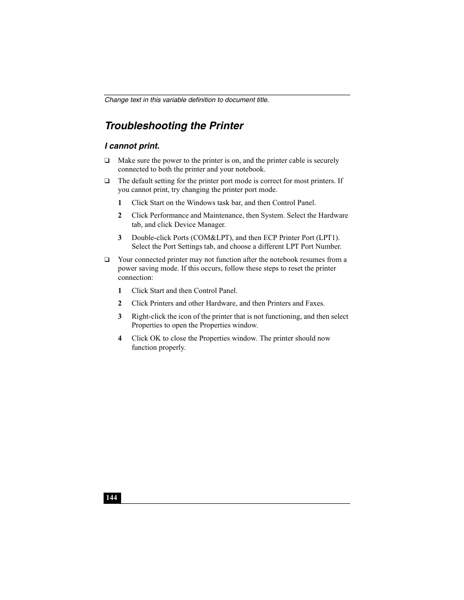 Troubleshooting the printer, I cannot print | Sony PCG-GRX560K User Manual | Page 144 / 162