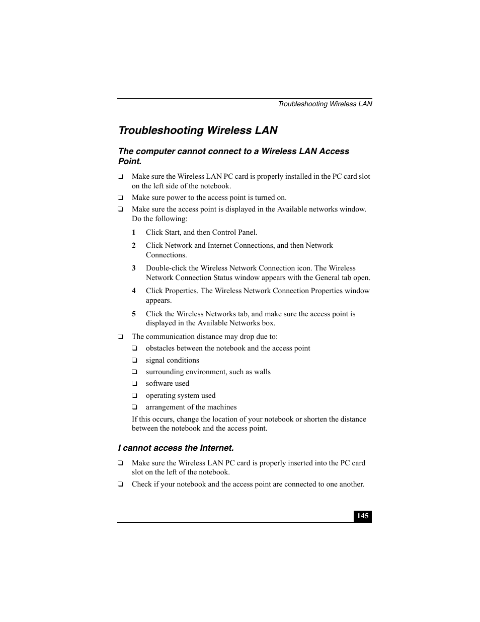 Troubleshooting wireless lan, I cannot access the internet | Sony PCG-GRX560K User Manual | Page 145 / 162