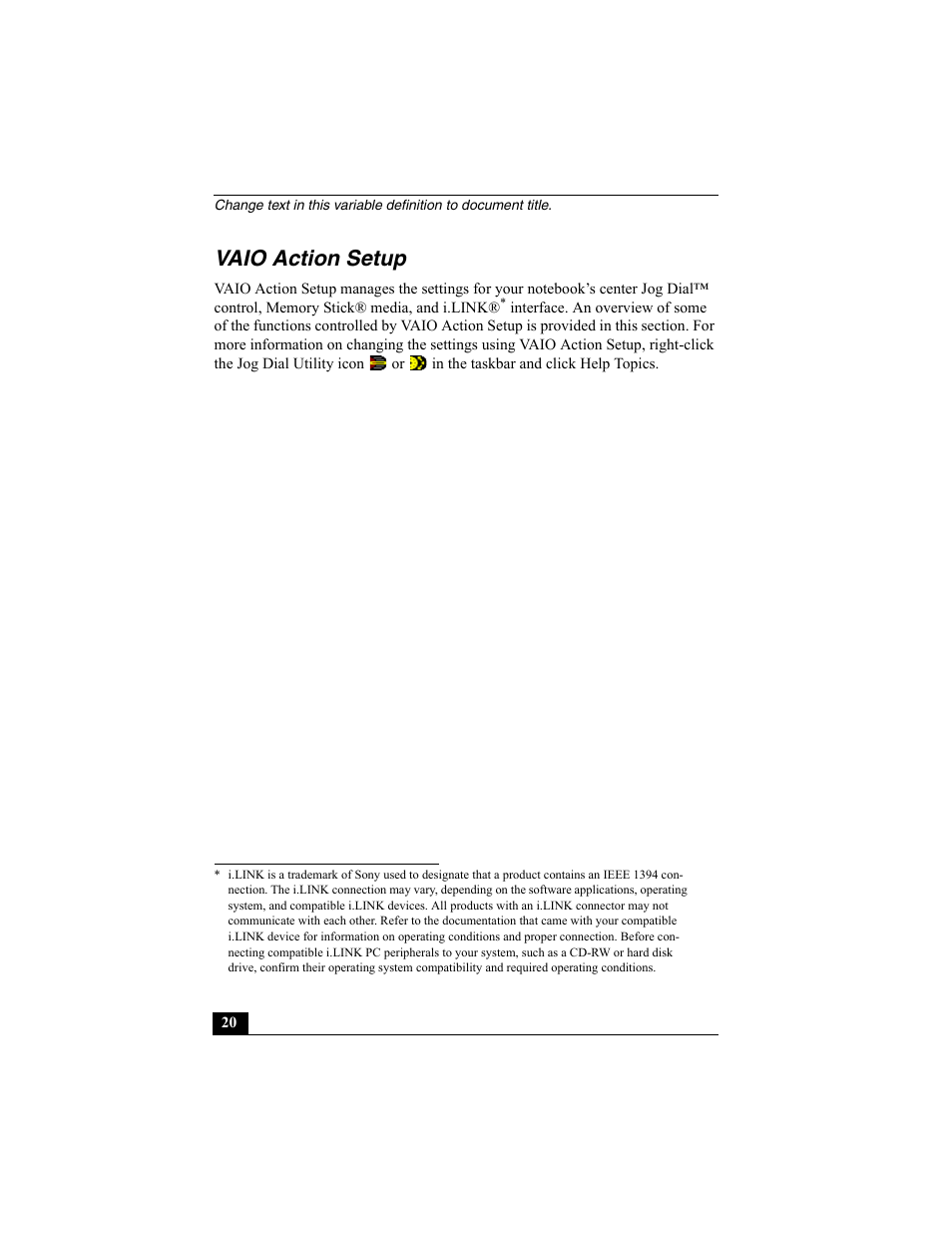 Vaio action setup | Sony PCG-GRX560K User Manual | Page 20 / 162