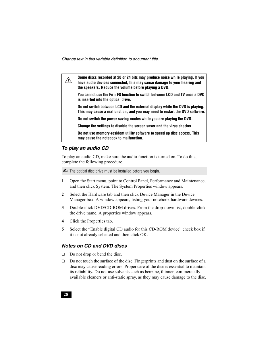 To play an audio cd, Notes on cd and dvd discs, To play an audio cd notes on cd and dvd discs | Sony PCG-GRX560K User Manual | Page 28 / 162