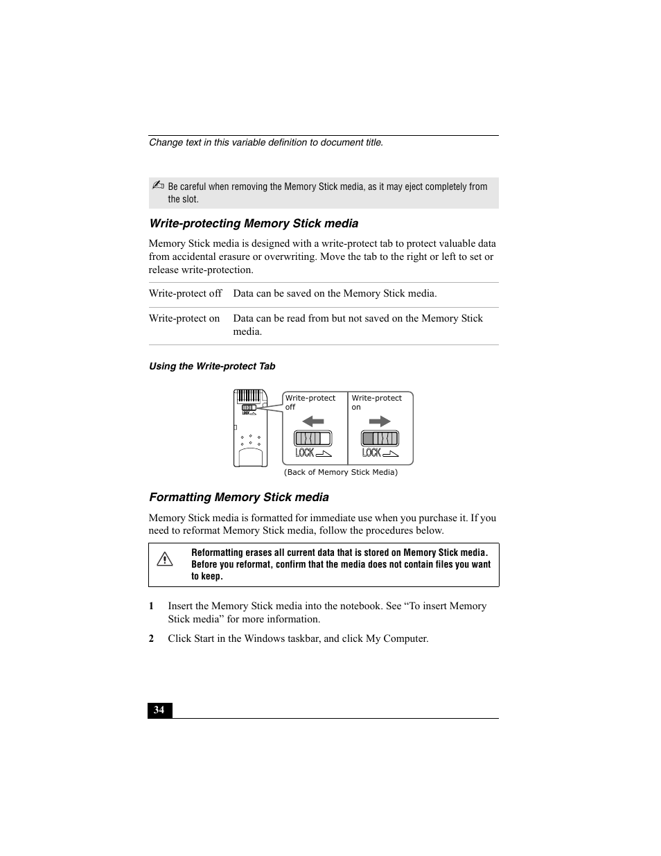 Write-protecting memory stick media, Formatting memory stick media | Sony PCG-GRX560K User Manual | Page 34 / 162