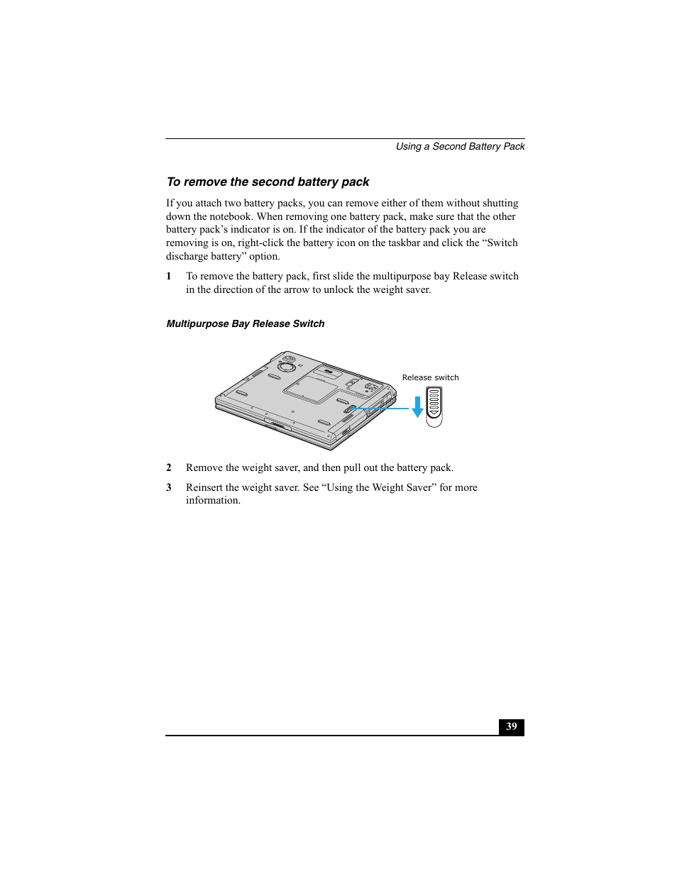 To remove the second battery pack | Sony PCG-GRX560K User Manual | Page 39 / 162