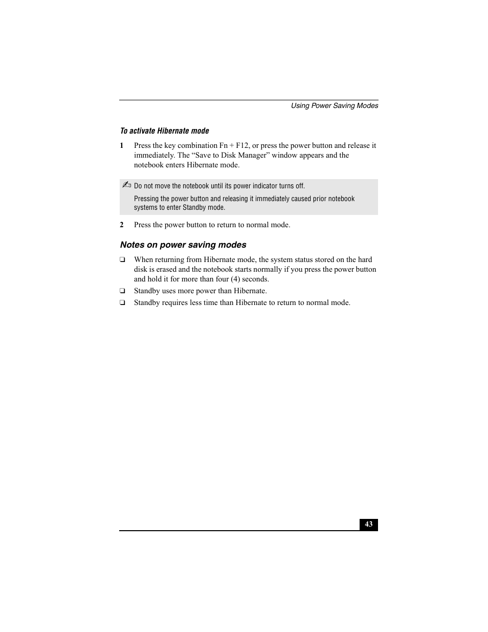 Notes on power saving modes | Sony PCG-GRX560K User Manual | Page 43 / 162