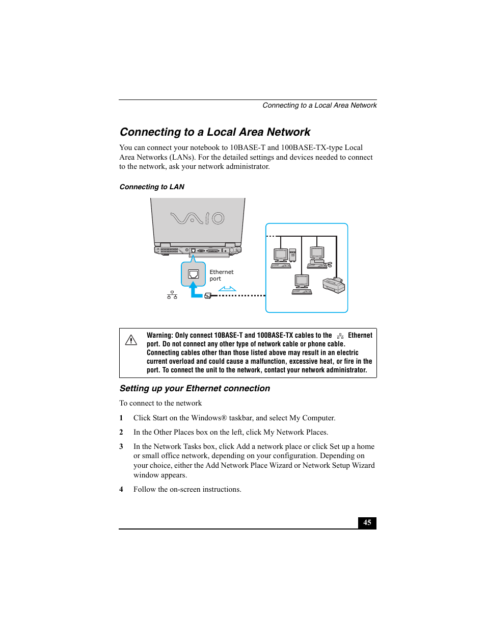 Connecting to a local area network, Setting up your ethernet connection | Sony PCG-GRX560K User Manual | Page 45 / 162