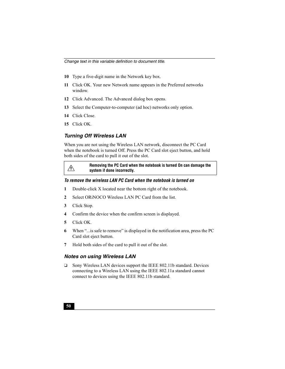 Turning off wireless lan, Notes on using wireless lan | Sony PCG-GRX560K User Manual | Page 50 / 162