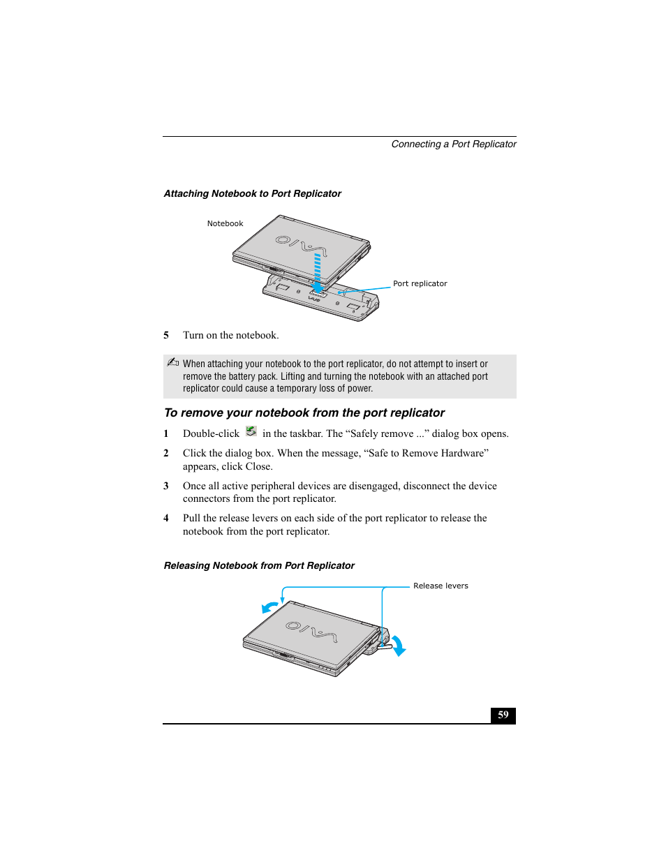 To remove your notebook from the port replicator | Sony PCG-GRX560K User Manual | Page 59 / 162