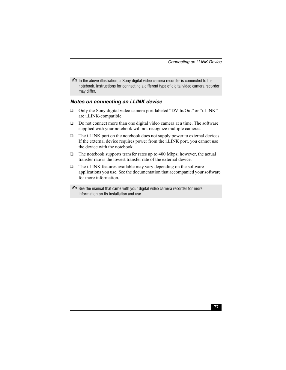 Notes on connecting an i.link device | Sony PCG-GRX560K User Manual | Page 77 / 162