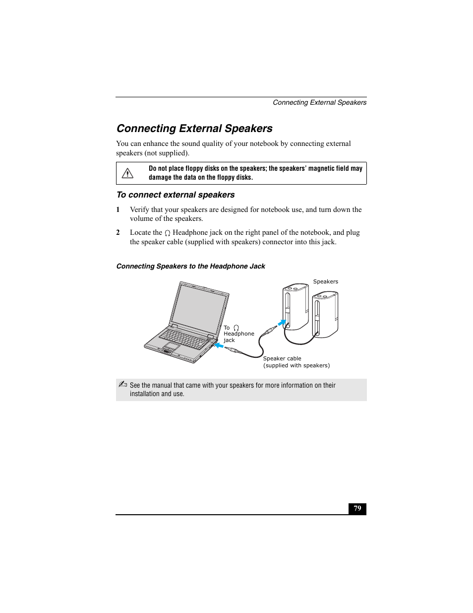 Connecting external speakers, To connect external speakers | Sony PCG-GRX560K User Manual | Page 79 / 162