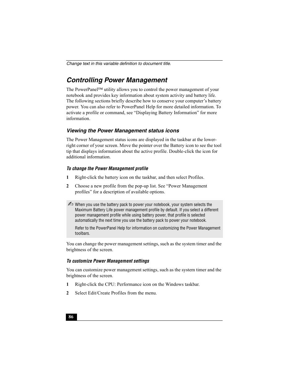 Controlling power management, Viewing the power management status icons | Sony PCG-GRX560K User Manual | Page 86 / 162