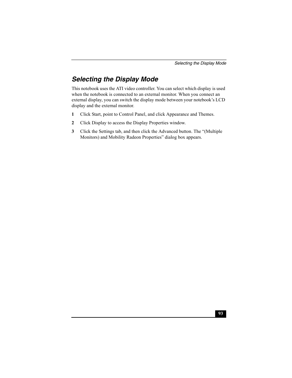 Selecting the display mode | Sony PCG-GRX560K User Manual | Page 93 / 162