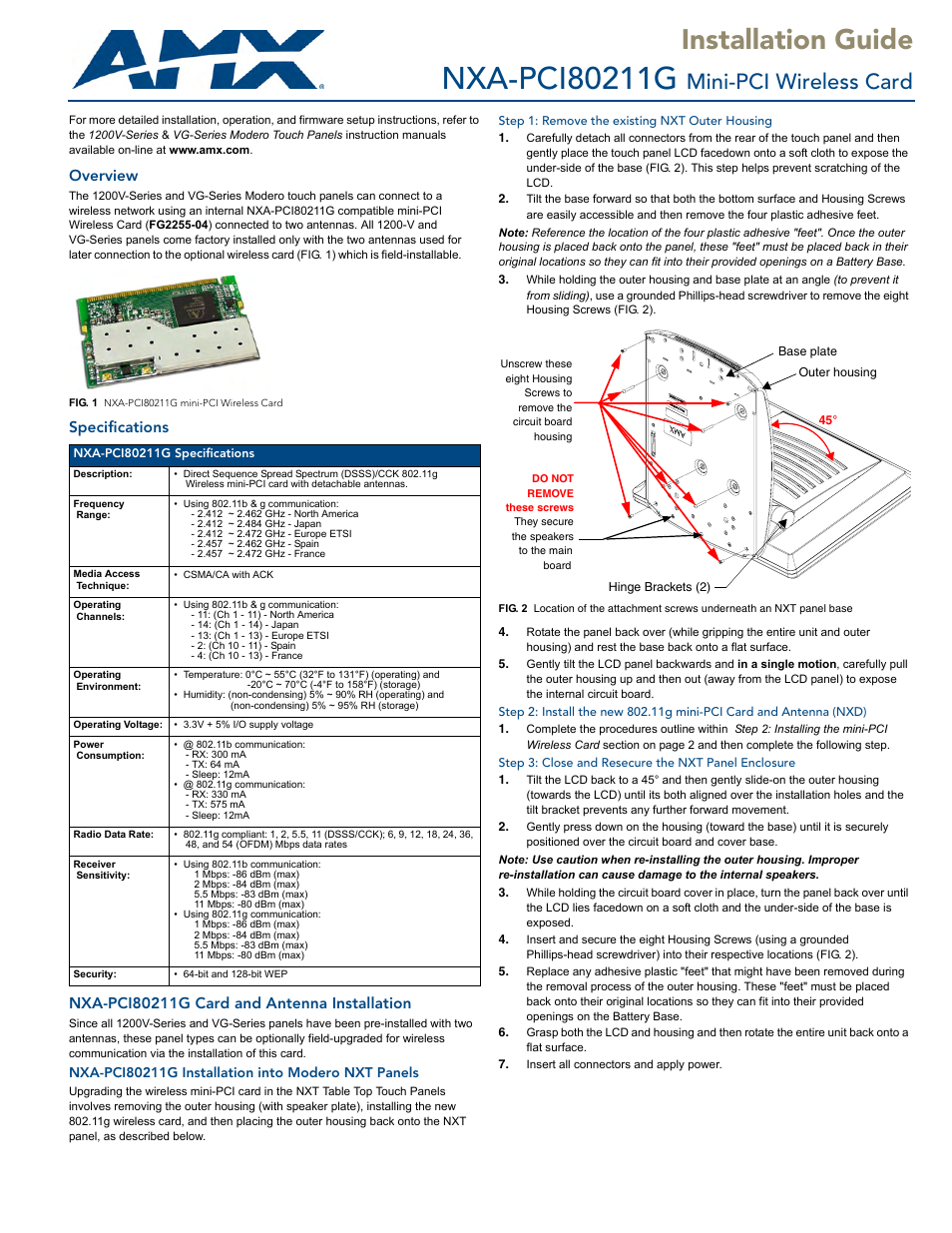 AMX Mini-PCI Wireless Card NXA-PCI80211G User Manual | 2 pages