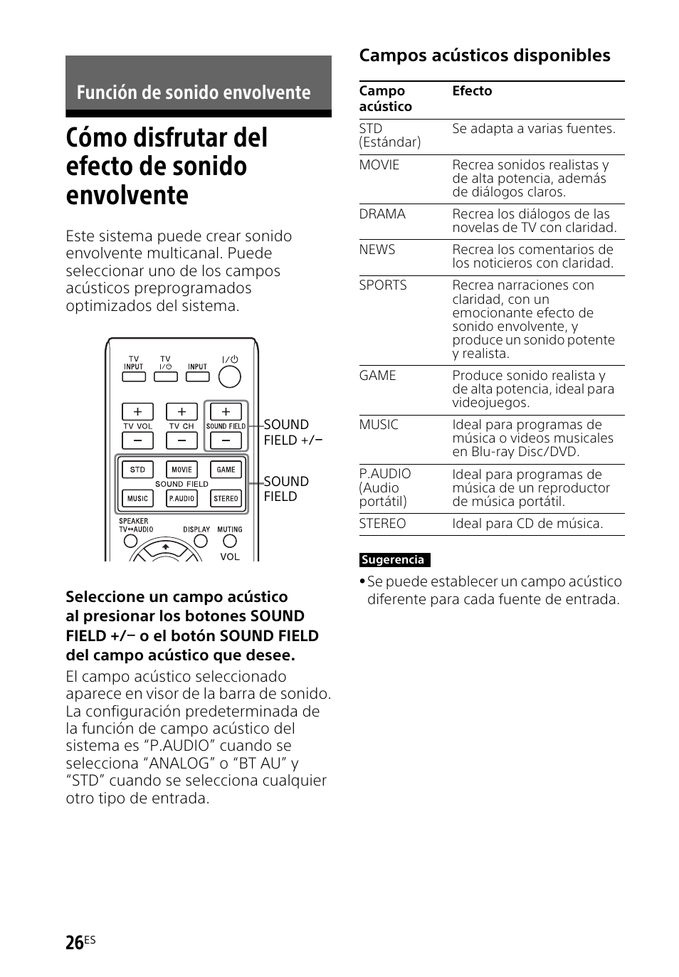 Función de sonido envolvente, Cómo disfrutar del efecto de sonido envolvente, Cómo disfrutar del efecto | De sonido envolvente, Campos acústicos disponibles | Sony HT-CT660 User Manual | Page 100 / 112