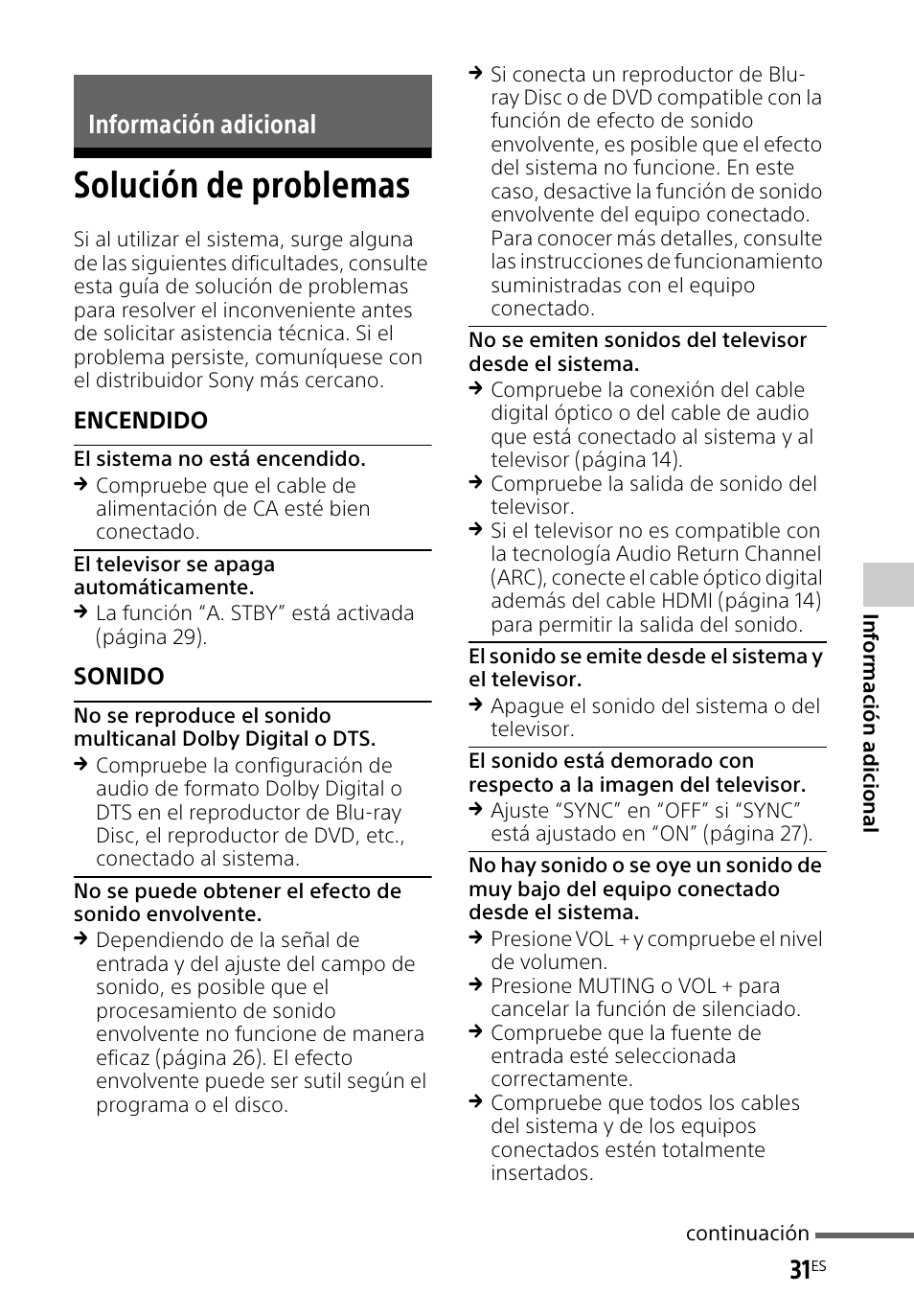 Información adicional, Solución de problemas | Sony HT-CT660 User Manual | Page 105 / 112