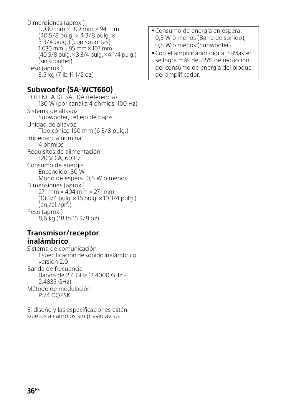 Subwoofer (sa-wct660), Transmisor/receptor inalámbrico | Sony HT-CT660 User Manual | Page 110 / 112