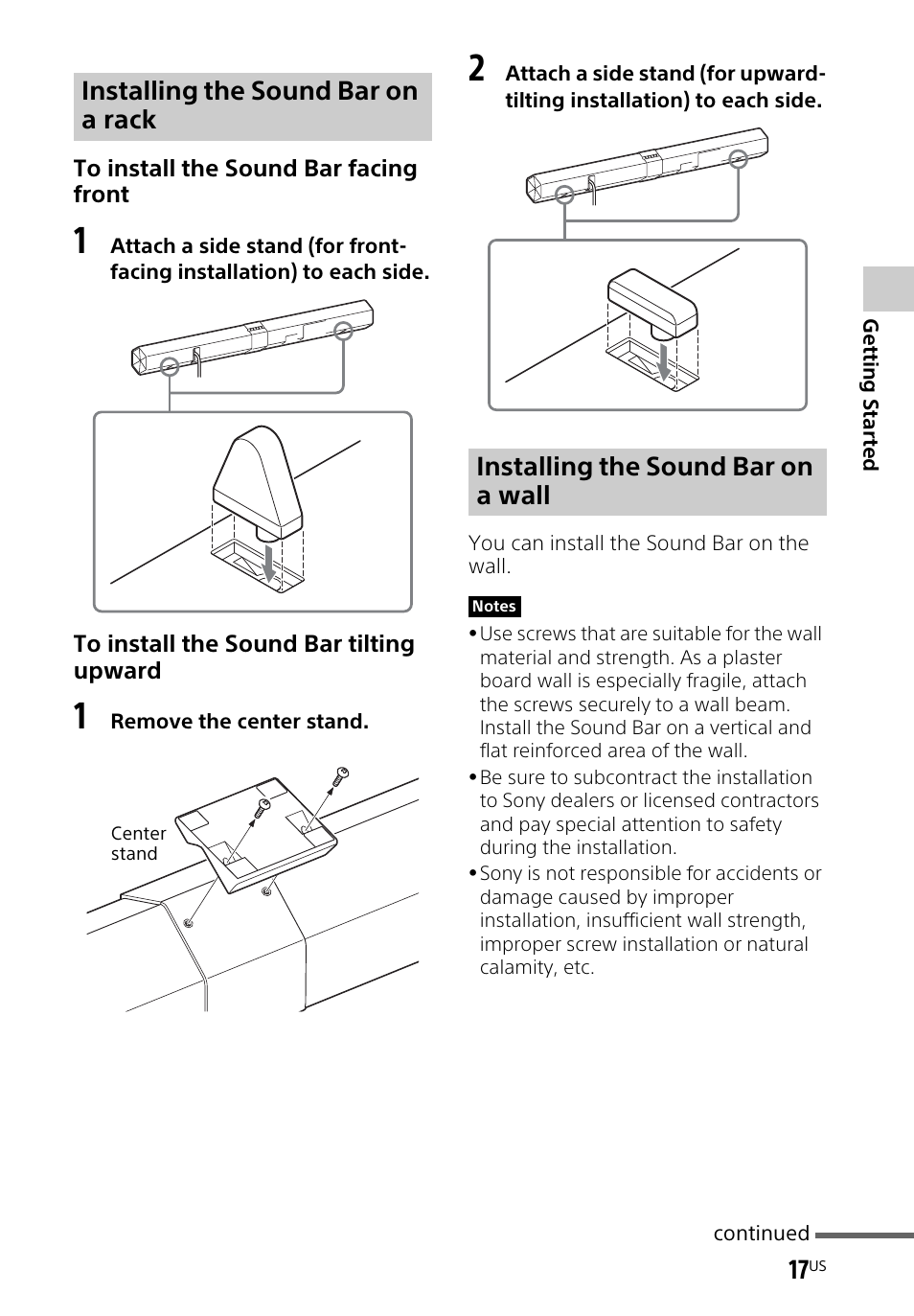 Installing the sound bar on a rack, Installing the sound bar on a wall | Sony HT-CT660 User Manual | Page 17 / 112