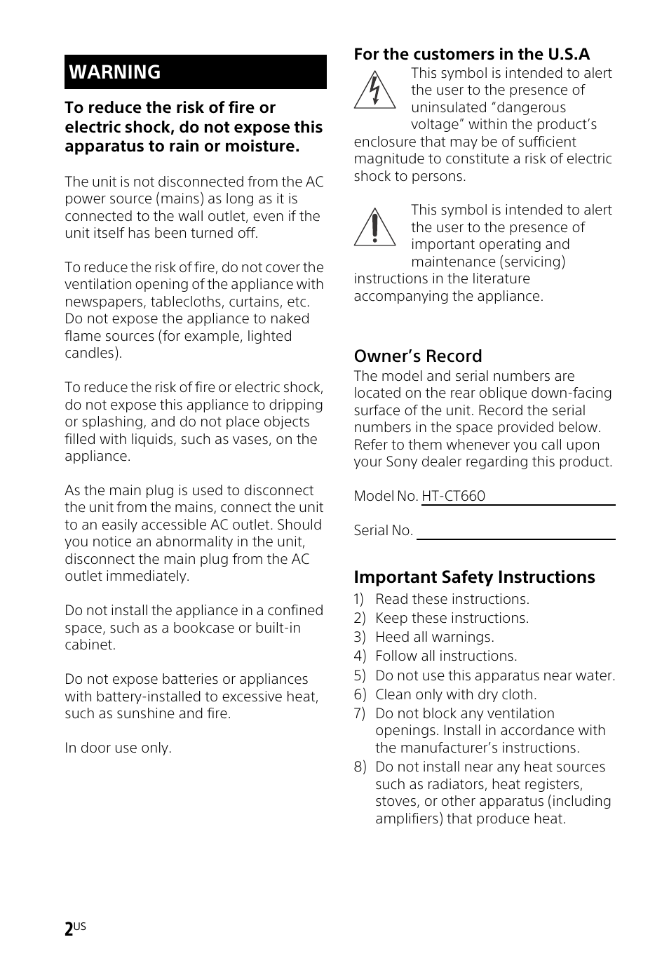 Warning | Sony HT-CT660 User Manual | Page 2 / 112