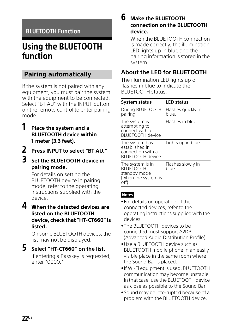 Bluetooth function, Using the bluetooth function, Using the bluetooth | Function, Bluetooth function pairing automatically | Sony HT-CT660 User Manual | Page 22 / 112