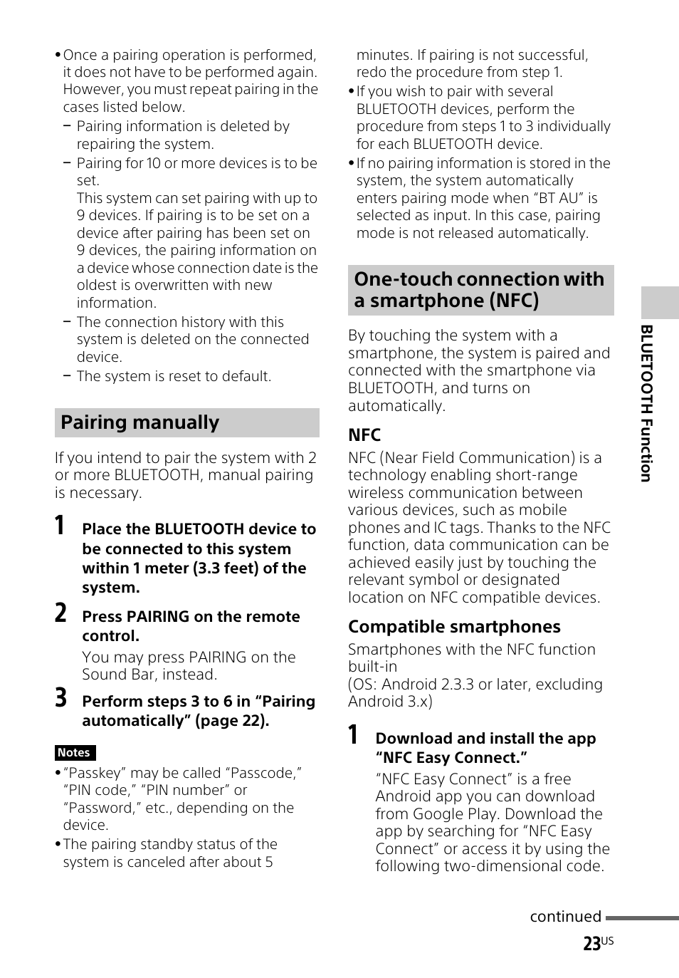 Pairing manually, One-touch connection with a smartphone (nfc) | Sony HT-CT660 User Manual | Page 23 / 112