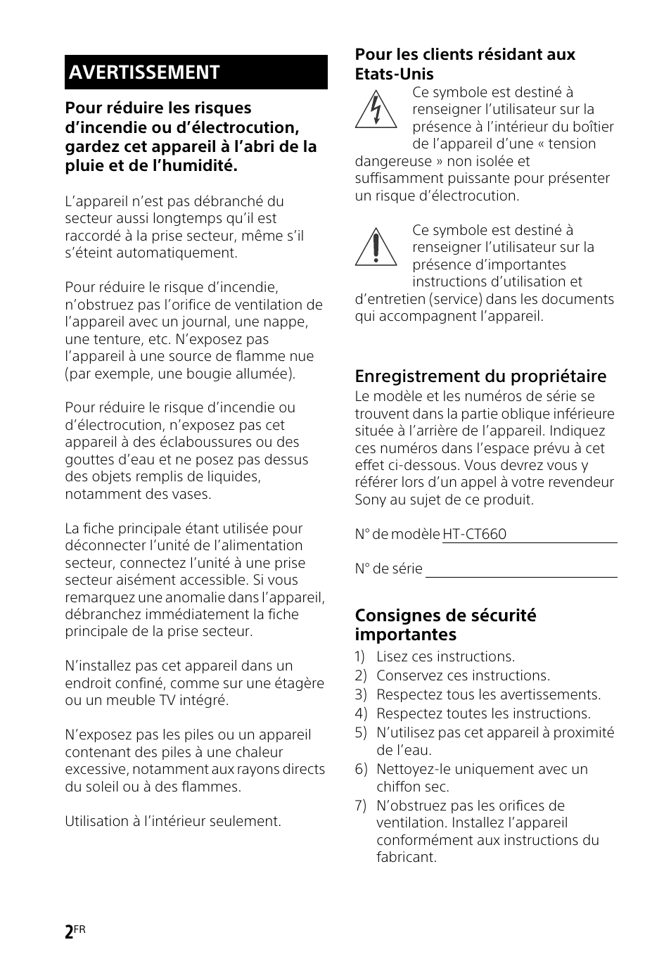 Cafr, Avertissement | Sony HT-CT660 User Manual | Page 38 / 112