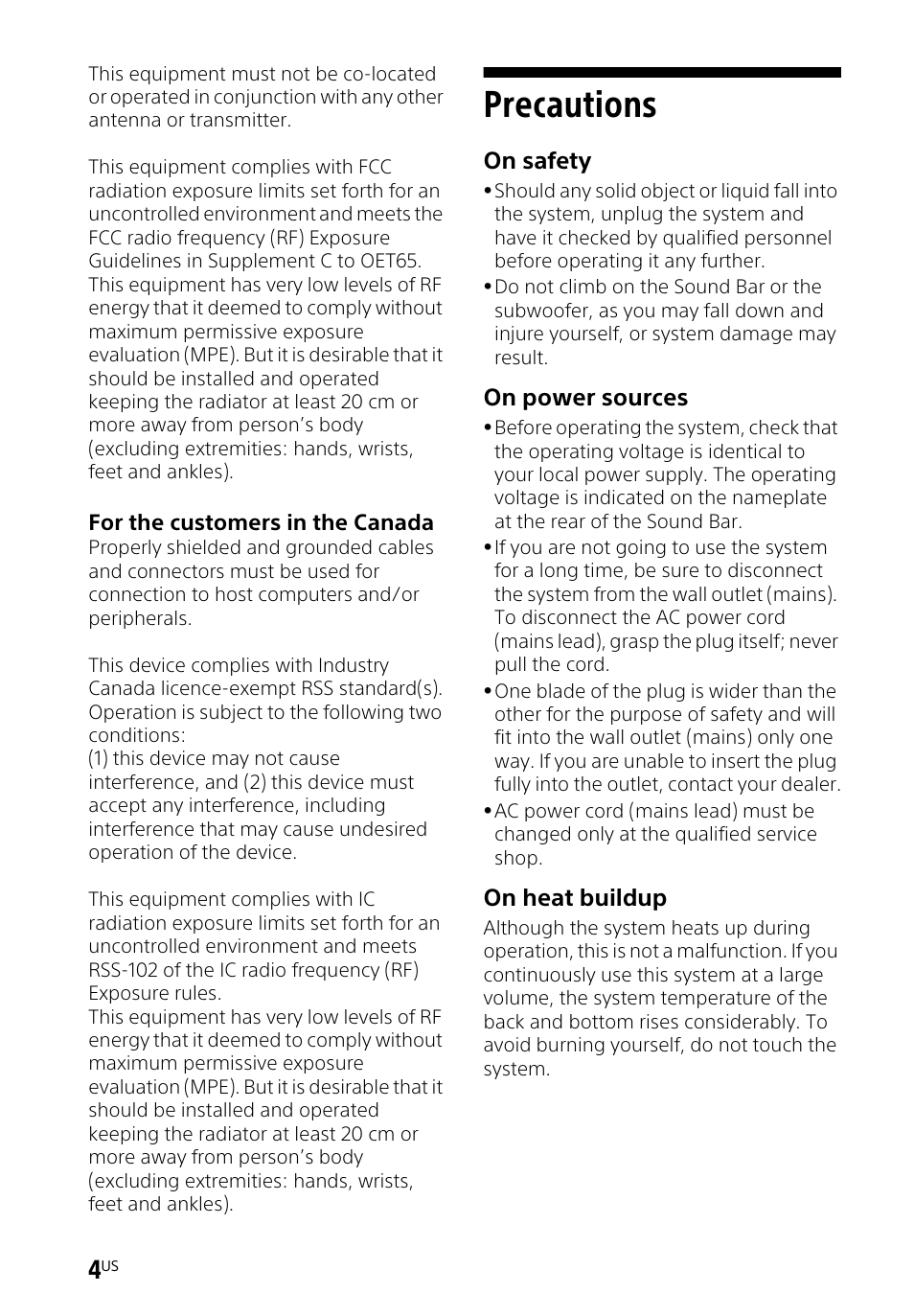 Precautions, On safety, On power sources | On heat buildup | Sony HT-CT660 User Manual | Page 4 / 112