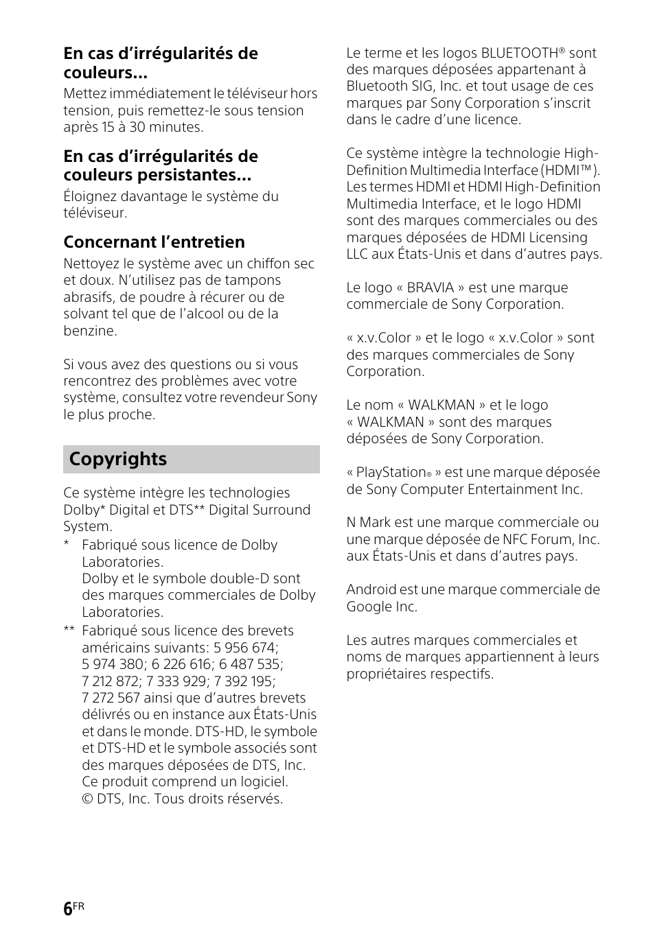 Copyrights | Sony HT-CT660 User Manual | Page 42 / 112