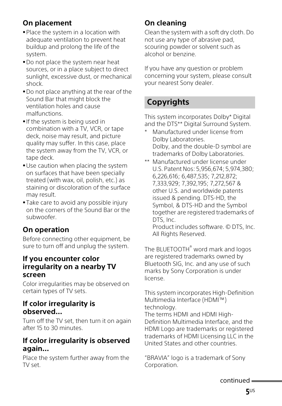 Copyrights, On placement, On operation | If color irregularity is observed, If color irregularity is observed again, On cleaning | Sony HT-CT660 User Manual | Page 5 / 112