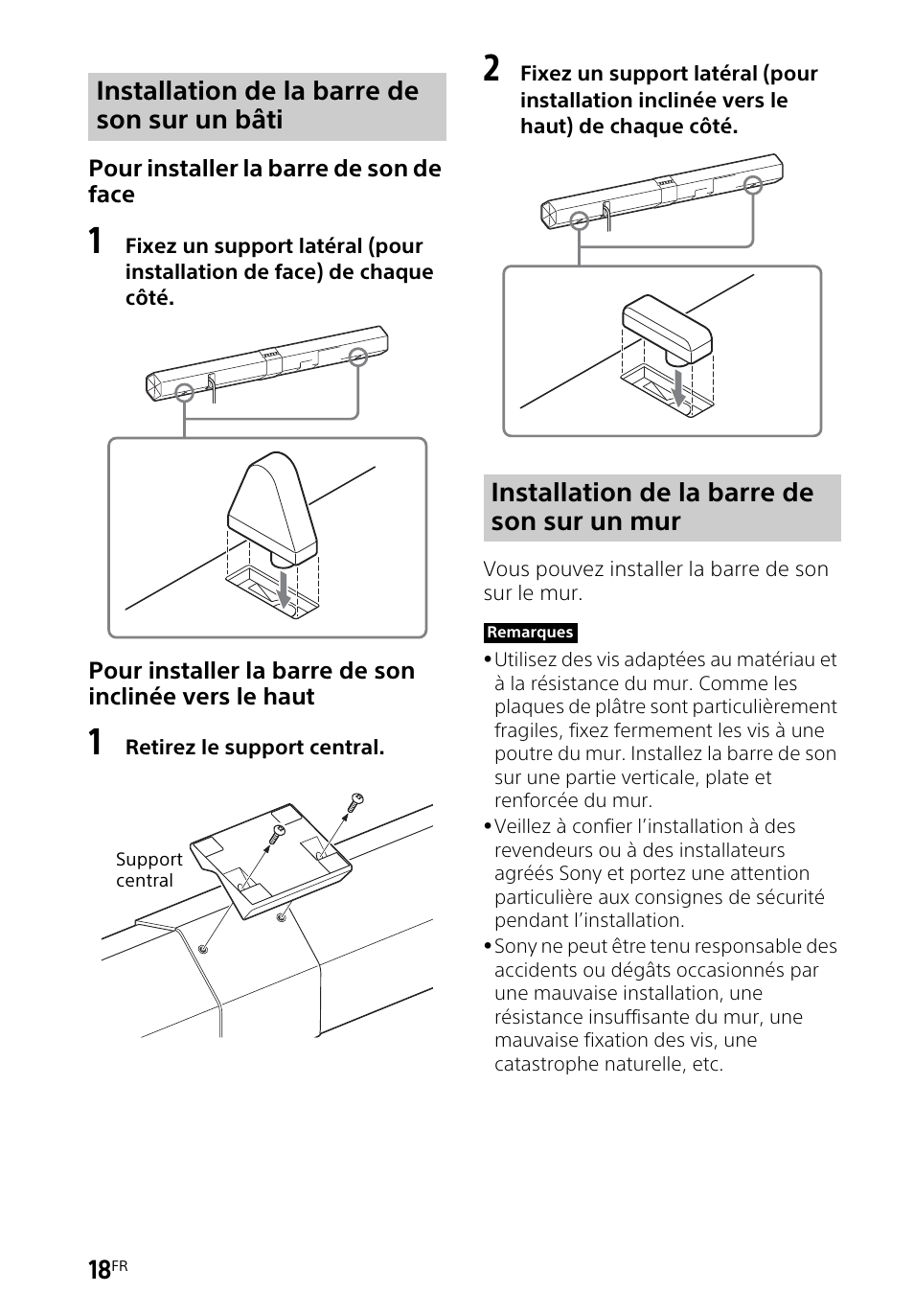 Installation de la barre de son sur un bâti, Installation de la barre de son sur un mur | Sony HT-CT660 User Manual | Page 54 / 112