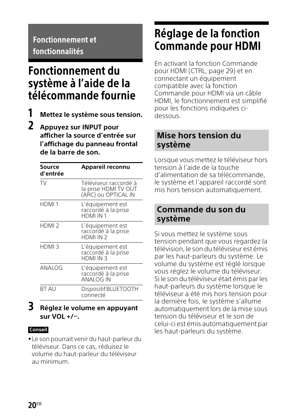Fonctionnement et fonctionnalités, Réglage de la fonction commande pour hdmi, Fonctionnement du système | À l’aide de la télécommande fournie, Réglage de la fonction, Commande pour hdmi | Sony HT-CT660 User Manual | Page 56 / 112