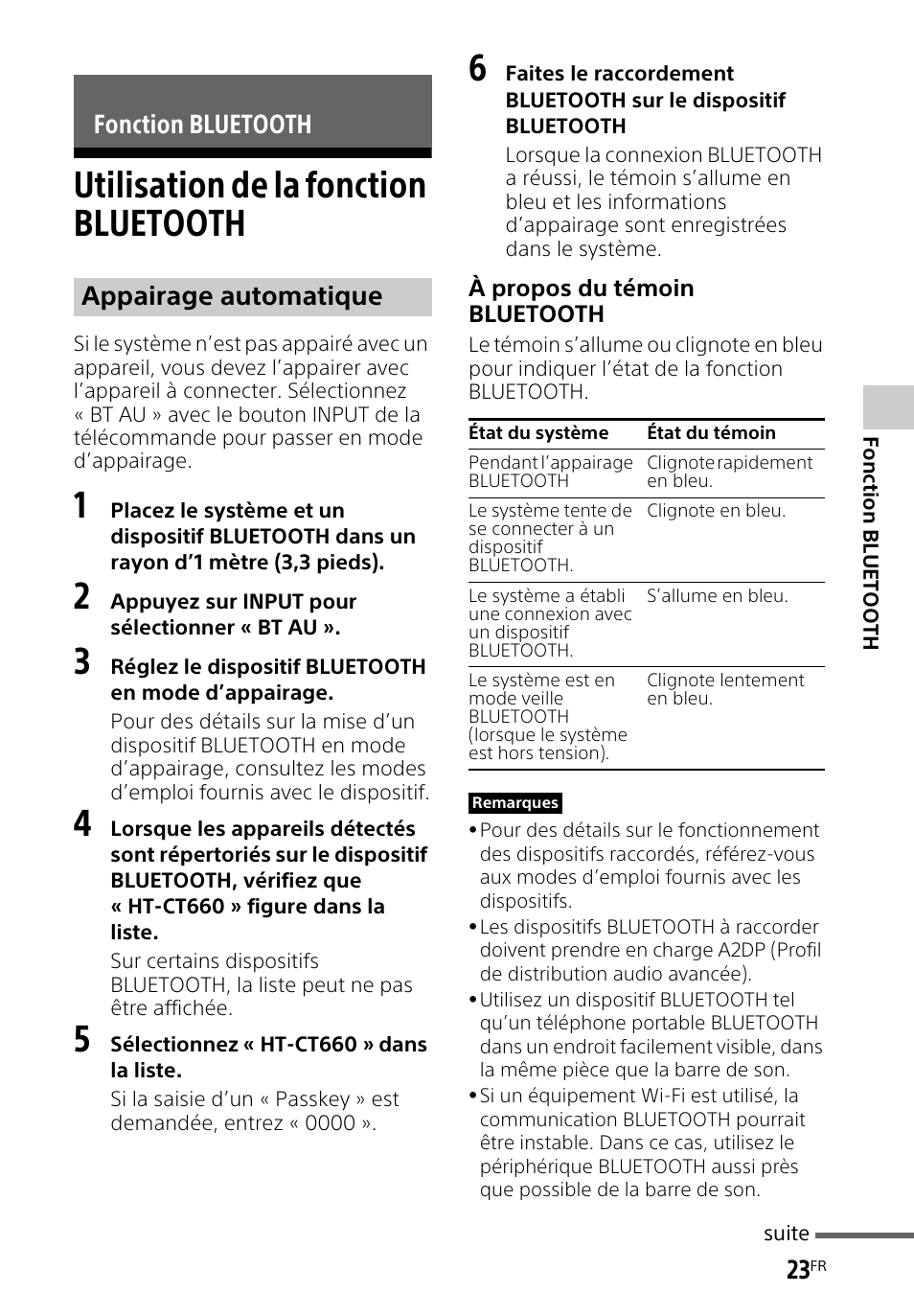 Fonction bluetooth, Utilisation de la fonction bluetooth, Utilisation de la fonction | Bluetooth, Fonction bluetooth appairage automatique | Sony HT-CT660 User Manual | Page 59 / 112