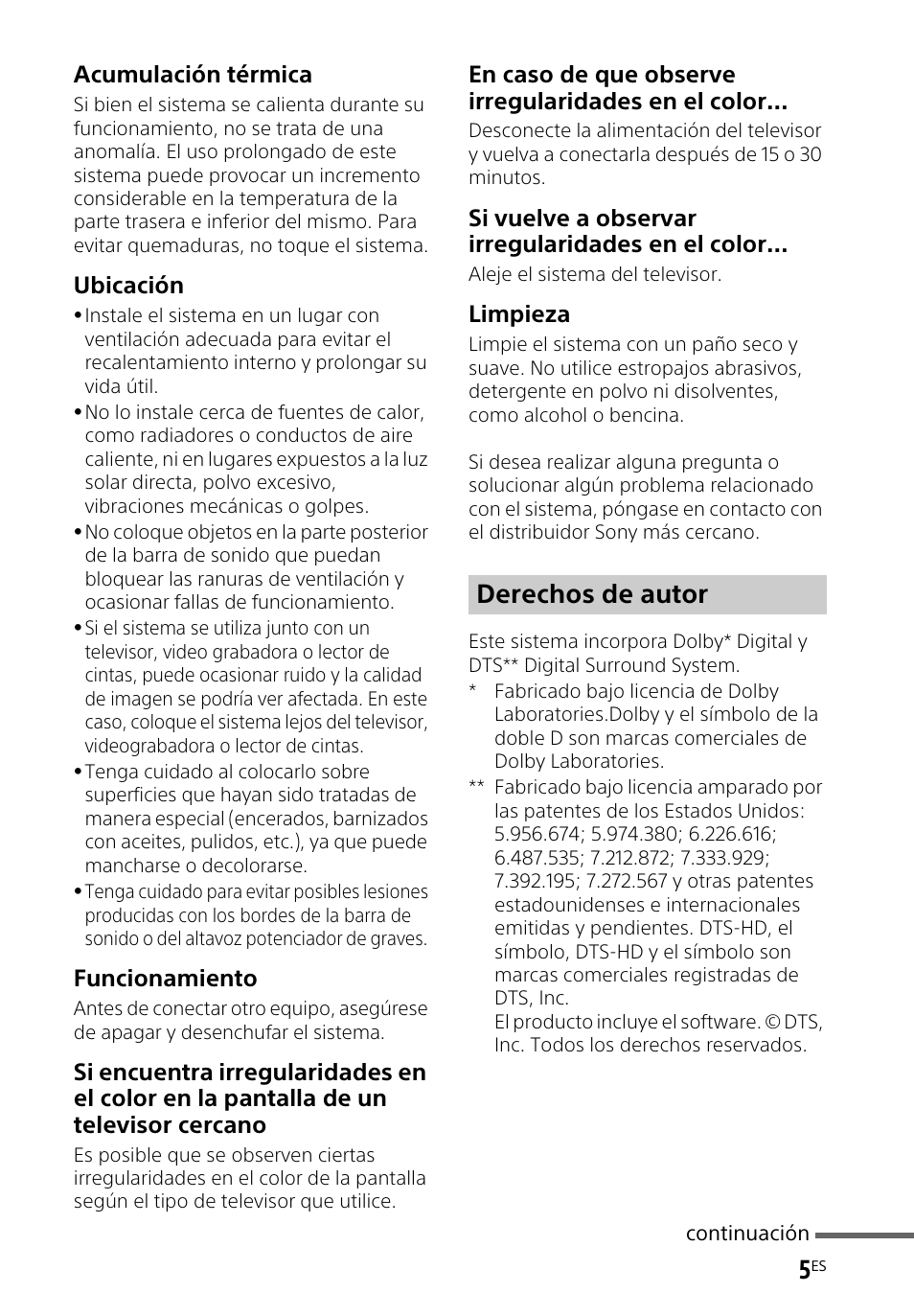 Derechos de autor, Acumulación térmica, Ubicación | Funcionamiento, En caso de que observe irregularidades en el color, Si vuelve a observar irregularidades en el color, Limpieza | Sony HT-CT660 User Manual | Page 79 / 112
